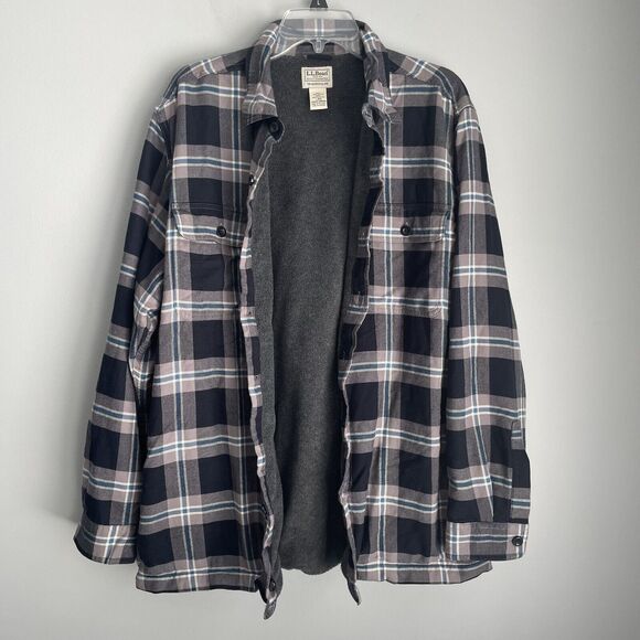 LL Bean Fleece Lined Shacket Men's Large Blue Plaid Flannel Jacket 298189 SOFT - Picture 1 of 16